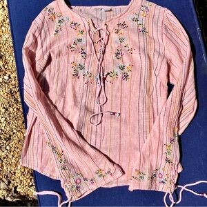 100% Cotton Made in India, pale pink boho embroidered blouse romantic floral S